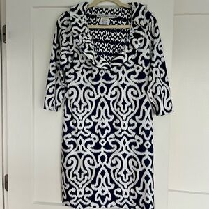 Gretchen Scott Designs Navy and White Sheath Dress 3/4 Sleeve Scoop Neck